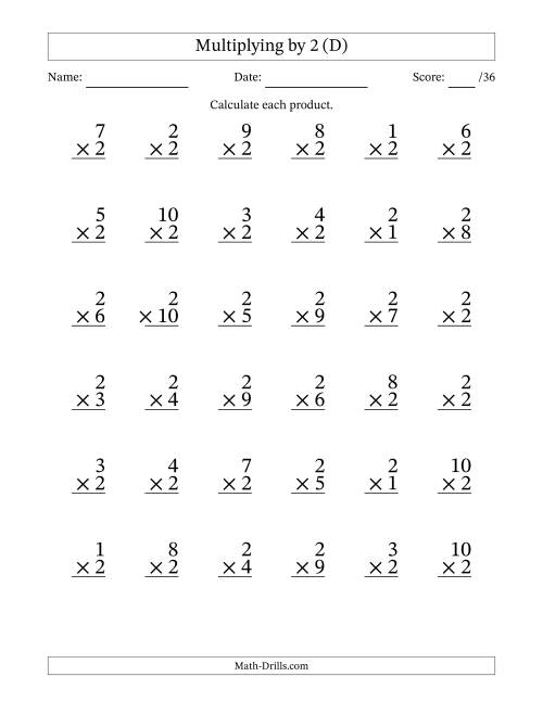 The Multiplying (1 to 10) by 2 (36 Questions) (D) Math Worksheet