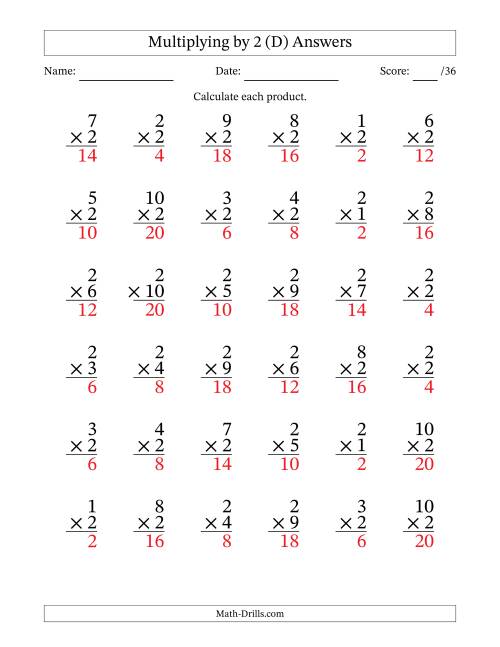 The Multiplying (1 to 10) by 2 (36 Questions) (D) Math Worksheet Page 2