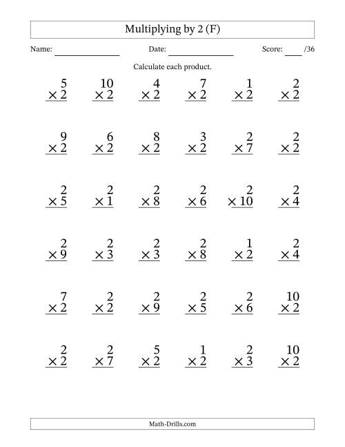 The Multiplying (1 to 10) by 2 (36 Questions) (F) Math Worksheet