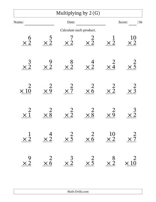 The Multiplying (1 to 10) by 2 (36 Questions) (G) Math Worksheet