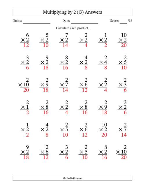 The Multiplying (1 to 10) by 2 (36 Questions) (G) Math Worksheet Page 2