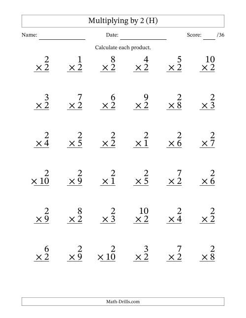 The Multiplying (1 to 10) by 2 (36 Questions) (H) Math Worksheet