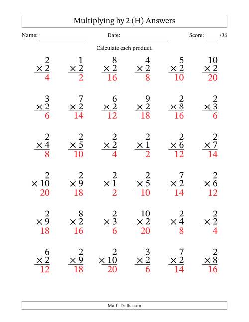 The Multiplying (1 to 10) by 2 (36 Questions) (H) Math Worksheet Page 2