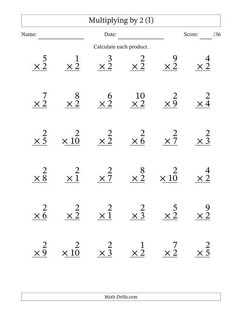 The Multiplying (1 to 10) by 2 (36 Questions) (I) Math Worksheet