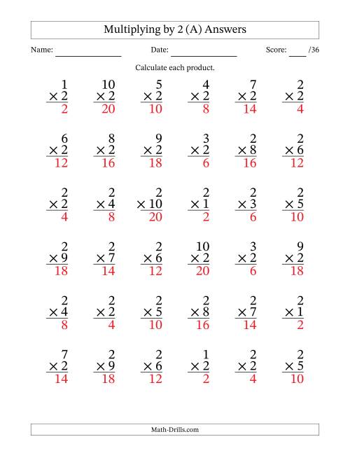 The Multiplying (1 to 10) by 2 (36 Questions) (All) Math Worksheet Page 2