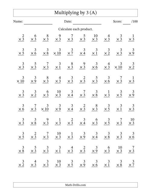 The Multiplying (1 to 10) by 3 (100 Questions) (A) Math Worksheet