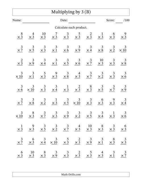 The Multiplying (1 to 10) by 3 (100 Questions) (B) Math Worksheet