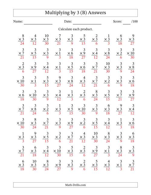 The Multiplying (1 to 10) by 3 (100 Questions) (B) Math Worksheet Page 2
