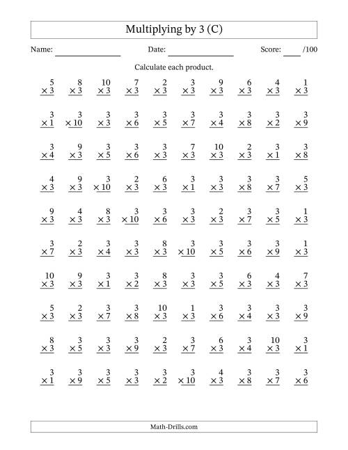 The Multiplying (1 to 10) by 3 (100 Questions) (C) Math Worksheet
