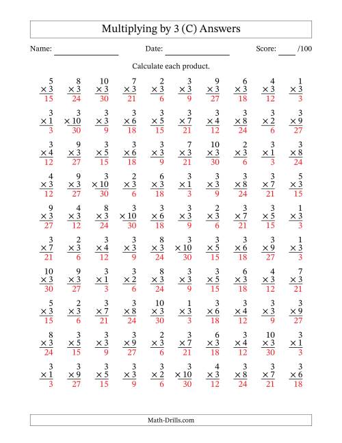 The Multiplying (1 to 10) by 3 (100 Questions) (C) Math Worksheet Page 2