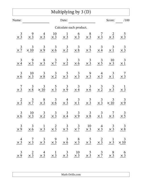 The Multiplying (1 to 10) by 3 (100 Questions) (D) Math Worksheet