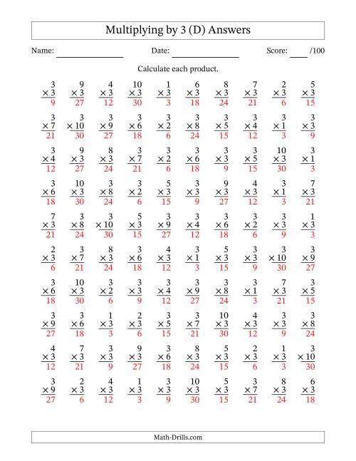 The Multiplying (1 to 10) by 3 (100 Questions) (D) Math Worksheet Page 2