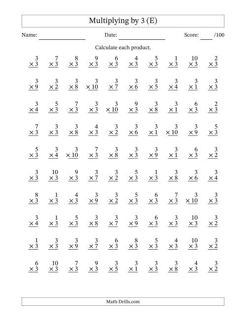 The Multiplying (1 to 10) by 3 (100 Questions) (E) Math Worksheet