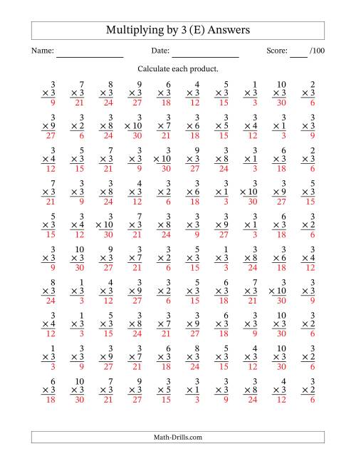 The Multiplying (1 to 10) by 3 (100 Questions) (E) Math Worksheet Page 2