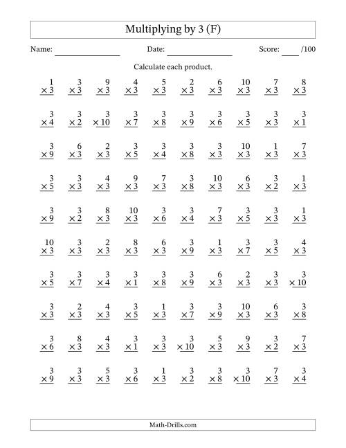 The Multiplying (1 to 10) by 3 (100 Questions) (F) Math Worksheet