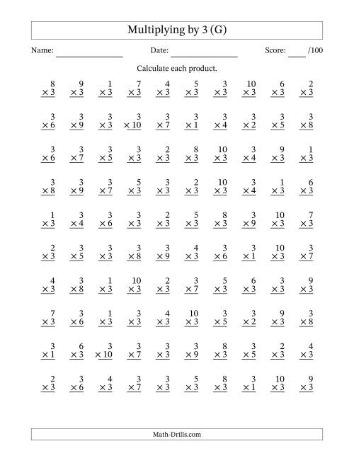 The Multiplying (1 to 10) by 3 (100 Questions) (G) Math Worksheet