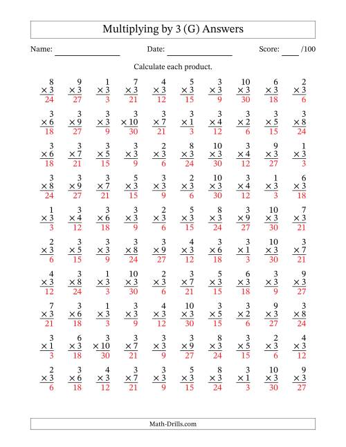The Multiplying (1 to 10) by 3 (100 Questions) (G) Math Worksheet Page 2