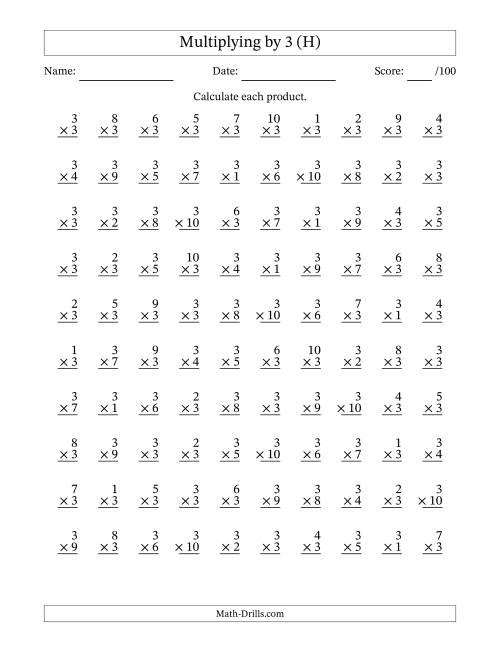 The Multiplying (1 to 10) by 3 (100 Questions) (H) Math Worksheet