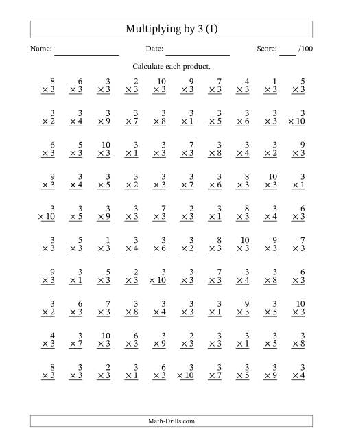 The Multiplying (1 to 10) by 3 (100 Questions) (I) Math Worksheet