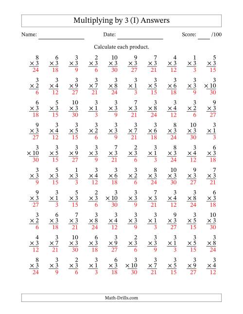 The Multiplying (1 to 10) by 3 (100 Questions) (I) Math Worksheet Page 2