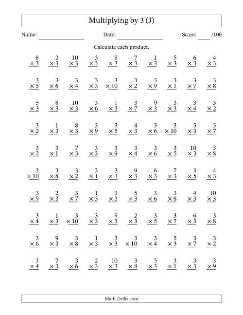 The Multiplying (1 to 10) by 3 (100 Questions) (J) Math Worksheet