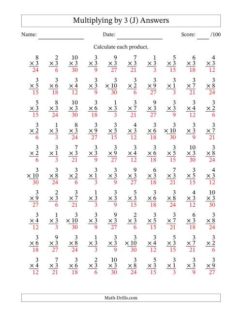 The Multiplying (1 to 10) by 3 (100 Questions) (J) Math Worksheet Page 2