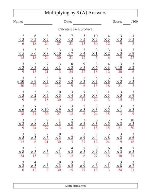 The Multiplying (1 to 10) by 3 (100 Questions) (All) Math Worksheet Page 2