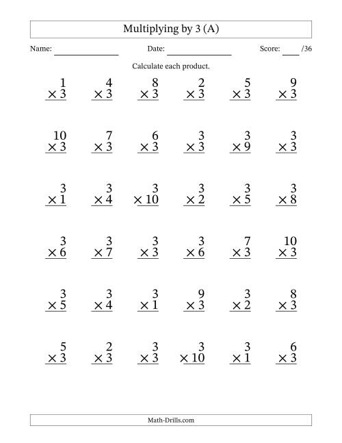 The Multiplying (1 to 10) by 3 (36 Questions) (A) Math Worksheet