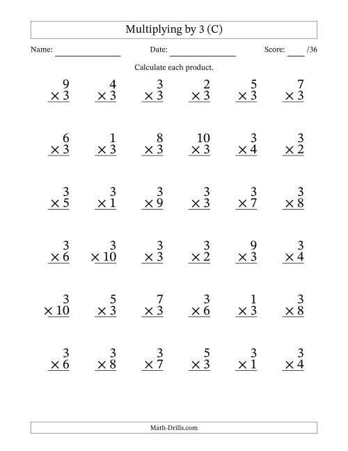 The Multiplying (1 to 10) by 3 (36 Questions) (C) Math Worksheet