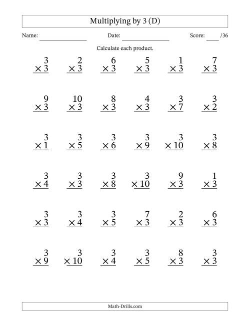 The Multiplying (1 to 10) by 3 (36 Questions) (D) Math Worksheet