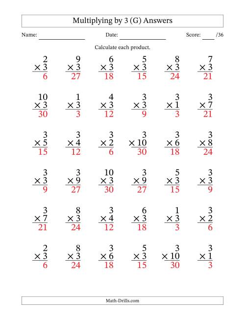 The Multiplying (1 to 10) by 3 (36 Questions) (G) Math Worksheet Page 2