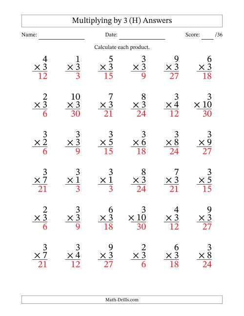 The Multiplying (1 to 10) by 3 (36 Questions) (H) Math Worksheet Page 2