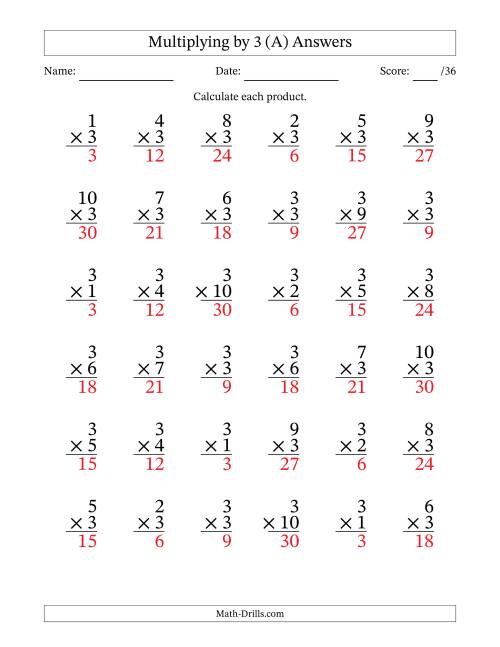 The Multiplying (1 to 10) by 3 (36 Questions) (All) Math Worksheet Page 2