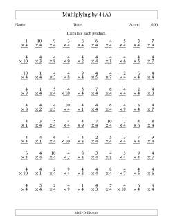 Multiplying (1 to 10) by 4 (100 Questions)