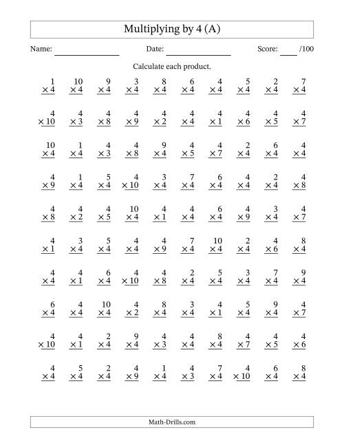The Multiplying (1 to 10) by 4 (100 Questions) (A) Math Worksheet