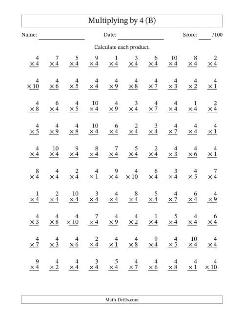 The Multiplying (1 to 10) by 4 (100 Questions) (B) Math Worksheet