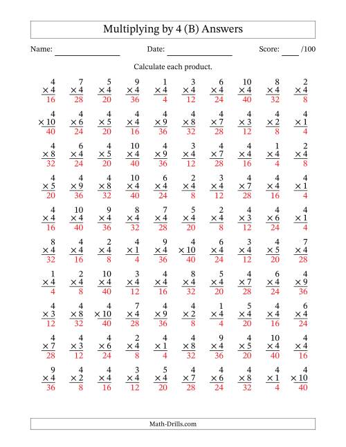 The Multiplying (1 to 10) by 4 (100 Questions) (B) Math Worksheet Page 2