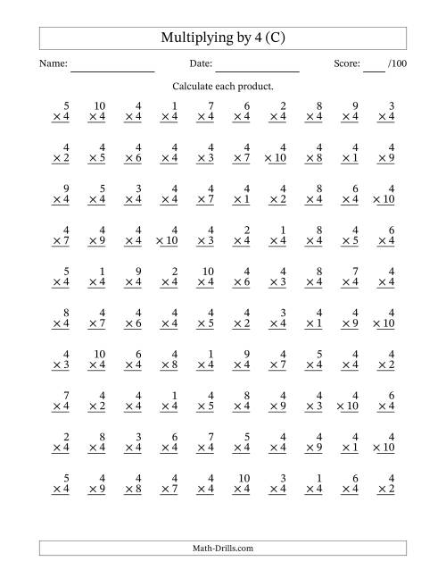 The Multiplying (1 to 10) by 4 (100 Questions) (C) Math Worksheet