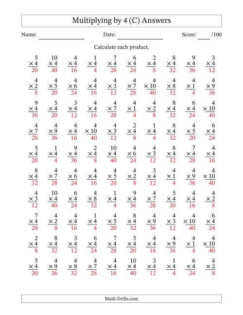The Multiplying (1 to 10) by 4 (100 Questions) (C) Math Worksheet Page 2