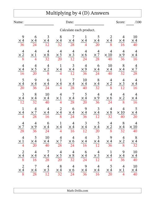 The Multiplying (1 to 10) by 4 (100 Questions) (D) Math Worksheet Page 2
