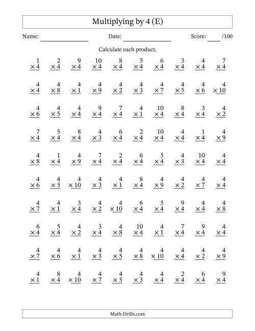 The Multiplying (1 to 10) by 4 (100 Questions) (E) Math Worksheet
