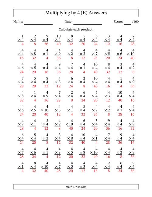 The Multiplying (1 to 10) by 4 (100 Questions) (E) Math Worksheet Page 2
