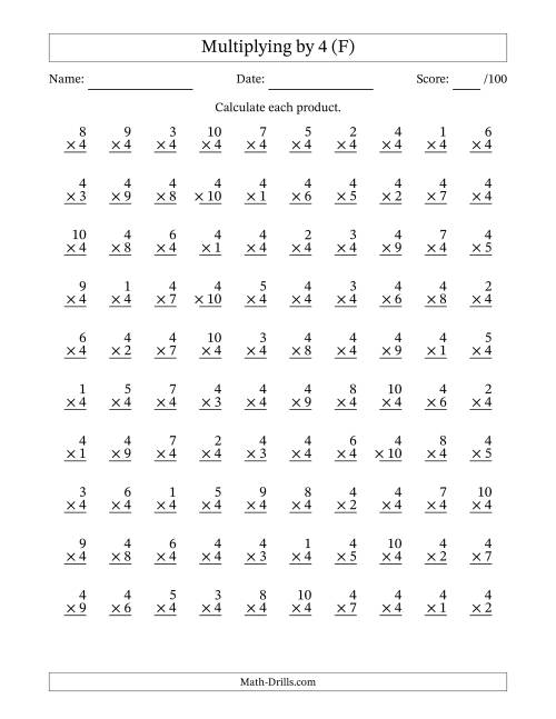 The Multiplying (1 to 10) by 4 (100 Questions) (F) Math Worksheet