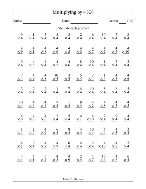 The Multiplying (1 to 10) by 4 (100 Questions) (G) Math Worksheet