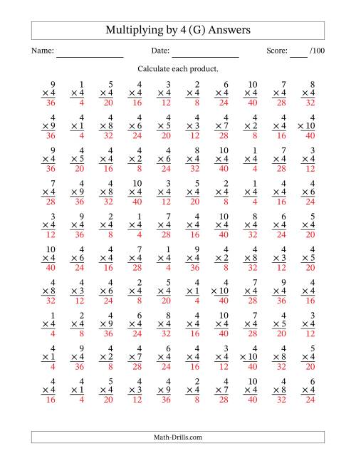 The Multiplying (1 to 10) by 4 (100 Questions) (G) Math Worksheet Page 2