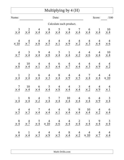 The Multiplying (1 to 10) by 4 (100 Questions) (H) Math Worksheet