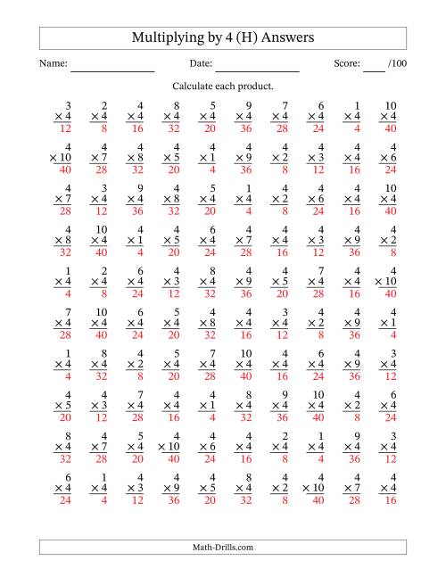 The Multiplying (1 to 10) by 4 (100 Questions) (H) Math Worksheet Page 2