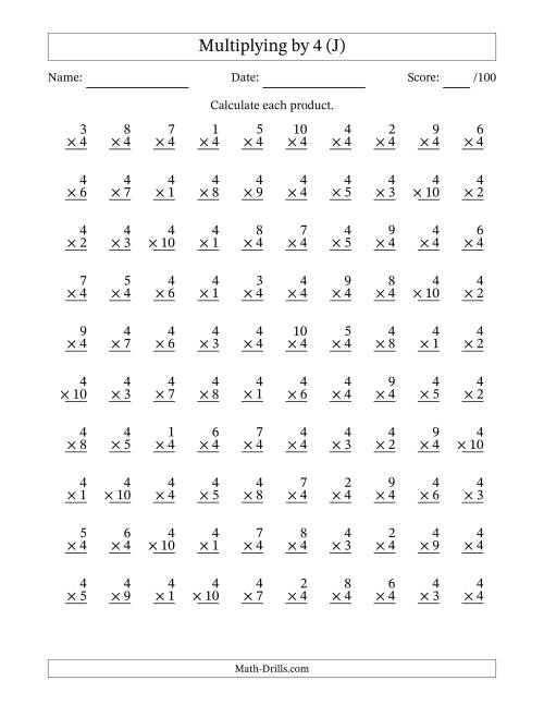 The Multiplying (1 to 10) by 4 (100 Questions) (J) Math Worksheet