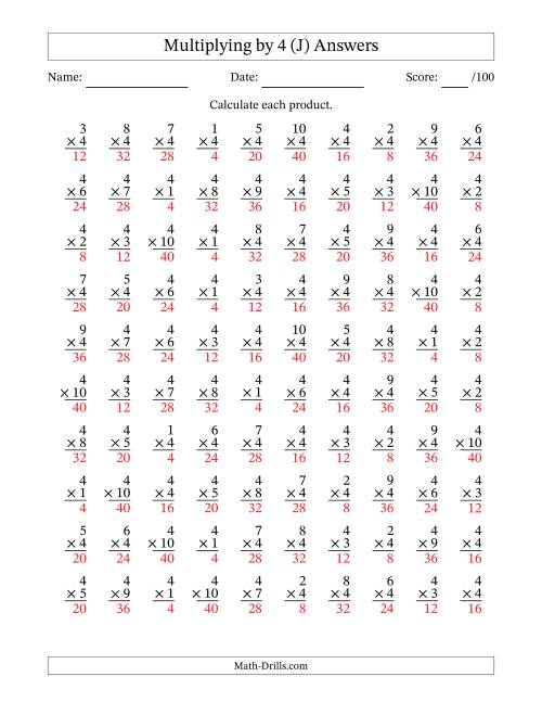 The Multiplying (1 to 10) by 4 (100 Questions) (J) Math Worksheet Page 2