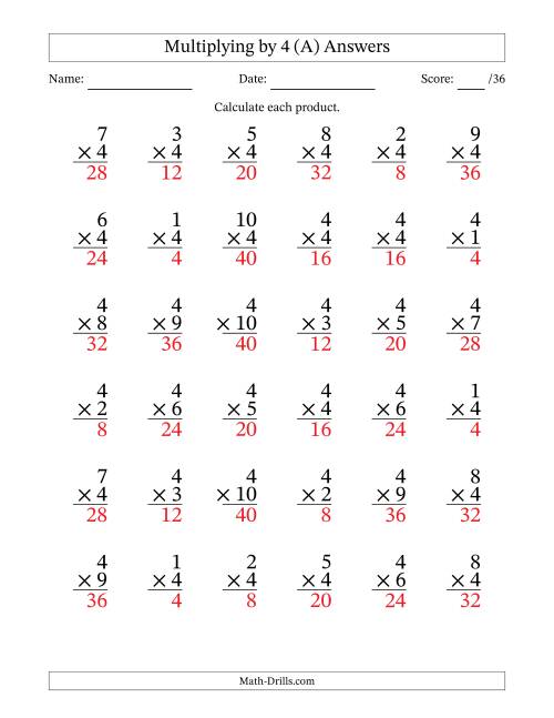 The Multiplying (1 to 10) by 4 (36 Questions) (A) Math Worksheet Page 2